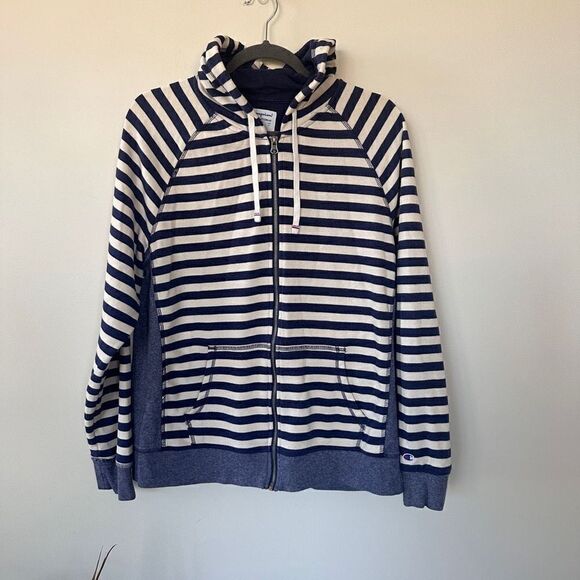 Women's Champion Zip Up Striped Nautical Navy and White Hoodie XL - Picture 1 of 12